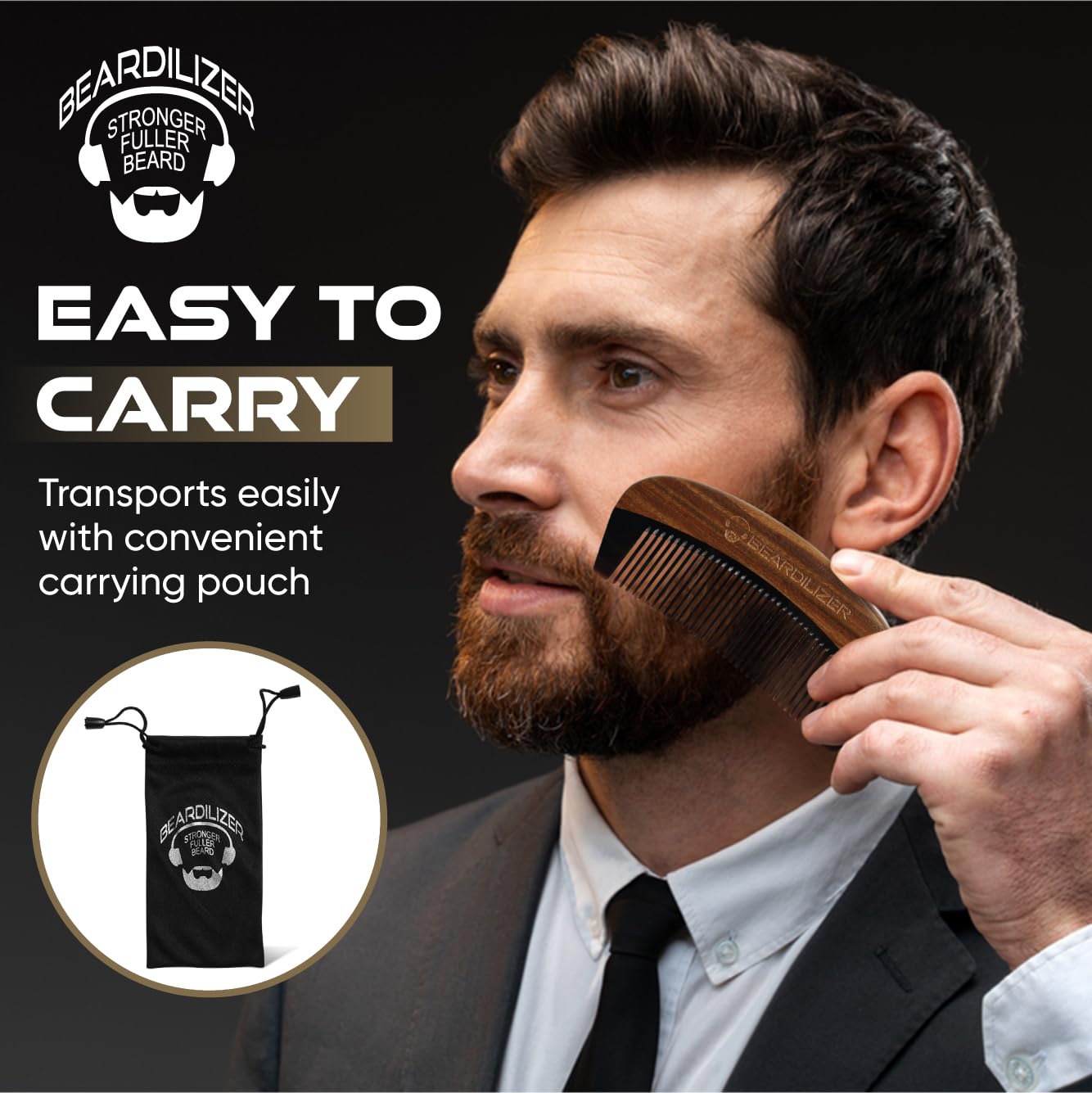 Beardilizer Premium Beard Comb for Men - 100% Natural Black Ox Buffalo Horn & Sandalwood Handle with Carrying Pouch, Professional Anti-Static Fine Beauty and Personal Care Beardilizer