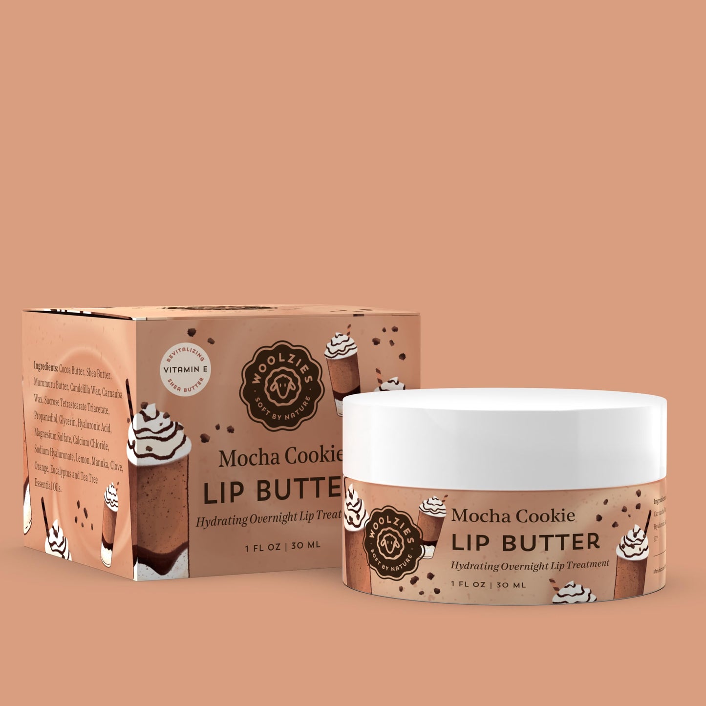 Hydrating Lip Mask with Hyaluronic Acid - Overnight Treatment for Soft, Smooth Lips - Shea Butter, Vitamin E & Natural Oils - 1 oz Jar (1 Ounce, Mocha Beauty and Personal Care Woolzies