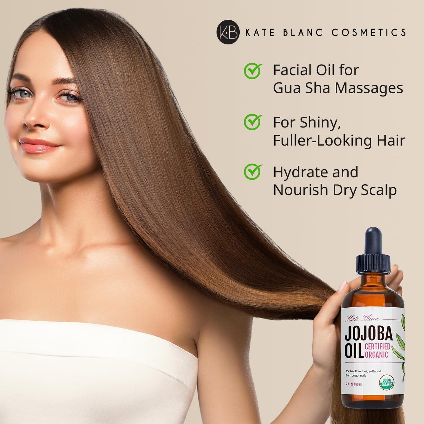 Kate Blanc Cosmetics Organic Jojoba Oil for Hair, Skin, Face, Nails (2oz) - USDA Certified, 100% Pure Cold Pressed Unrefined - Moisturizing Carrier Beauty & Personal Care Kate Blanc Cosmetics