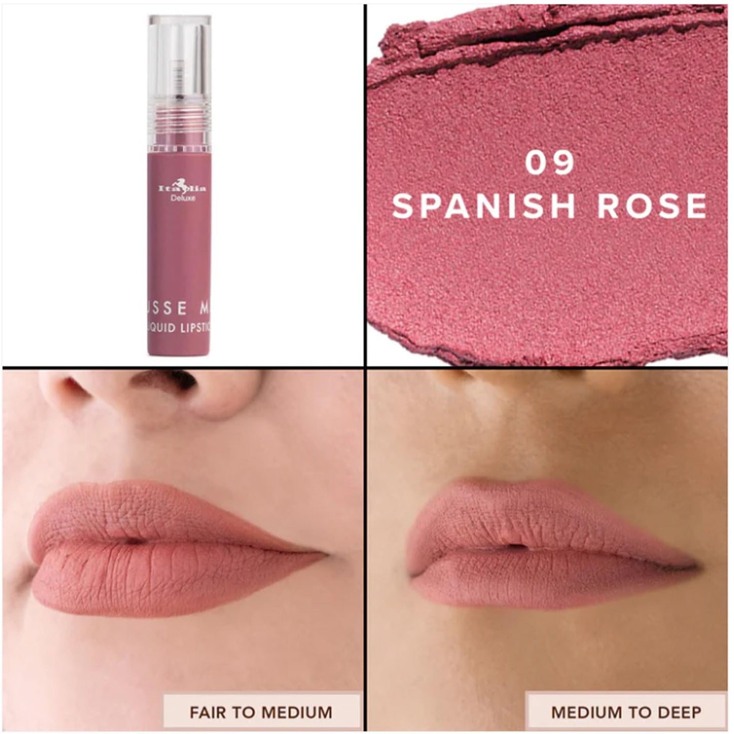 Italia Deluxe Pick 1 Mousse Matte Liquid Lipstick Comfortable Velvet Finish & Zipper Bag (190-09 : SPANISH ROSE, Full Size) Beauty & Personal Care Italia Deluxe