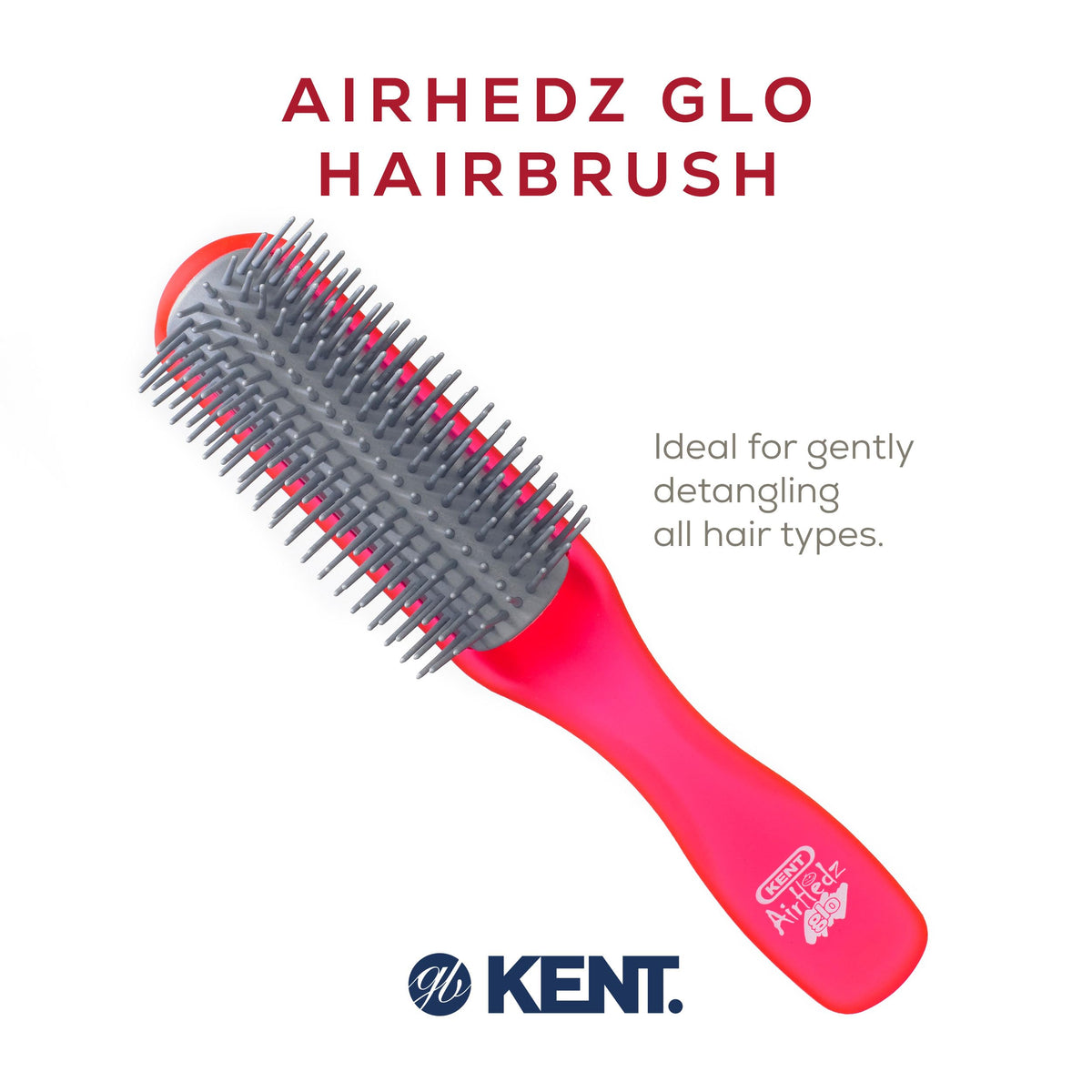 Kent AHGLO01 Airhedz Glo Red Half Round Narrow Detangling Hair Brush - 9 Row Ionic Anti Static Non Scratch Long Nylon Bristle Great for Detangling and