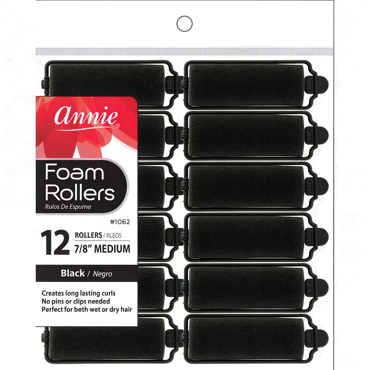 Annie Foam Hair Rollers 7/8 Inch Medium, 12 Count Soft Sponge Curlers for Heatless Curls, No Pins or Clips Needed, For Wet or Dry Hair, Tight Defined