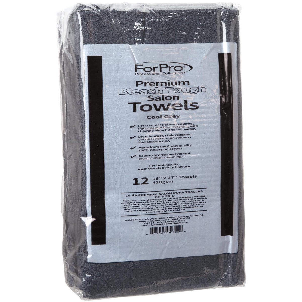 ForPro Premium Bleach Tough Salon Towels, 12ct, Cool Grey, 27" L x 16" W
