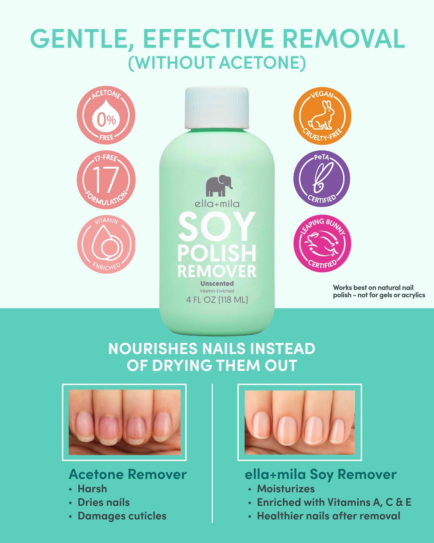 ella+mila Soy Nail Polish Remover - Unscented, Non-Acetone, Non-Toxic Fingernail Polish Remover for Natural Nails - Gentle, Vegan Formula Enriched Beauty & Personal Care ella+mila
