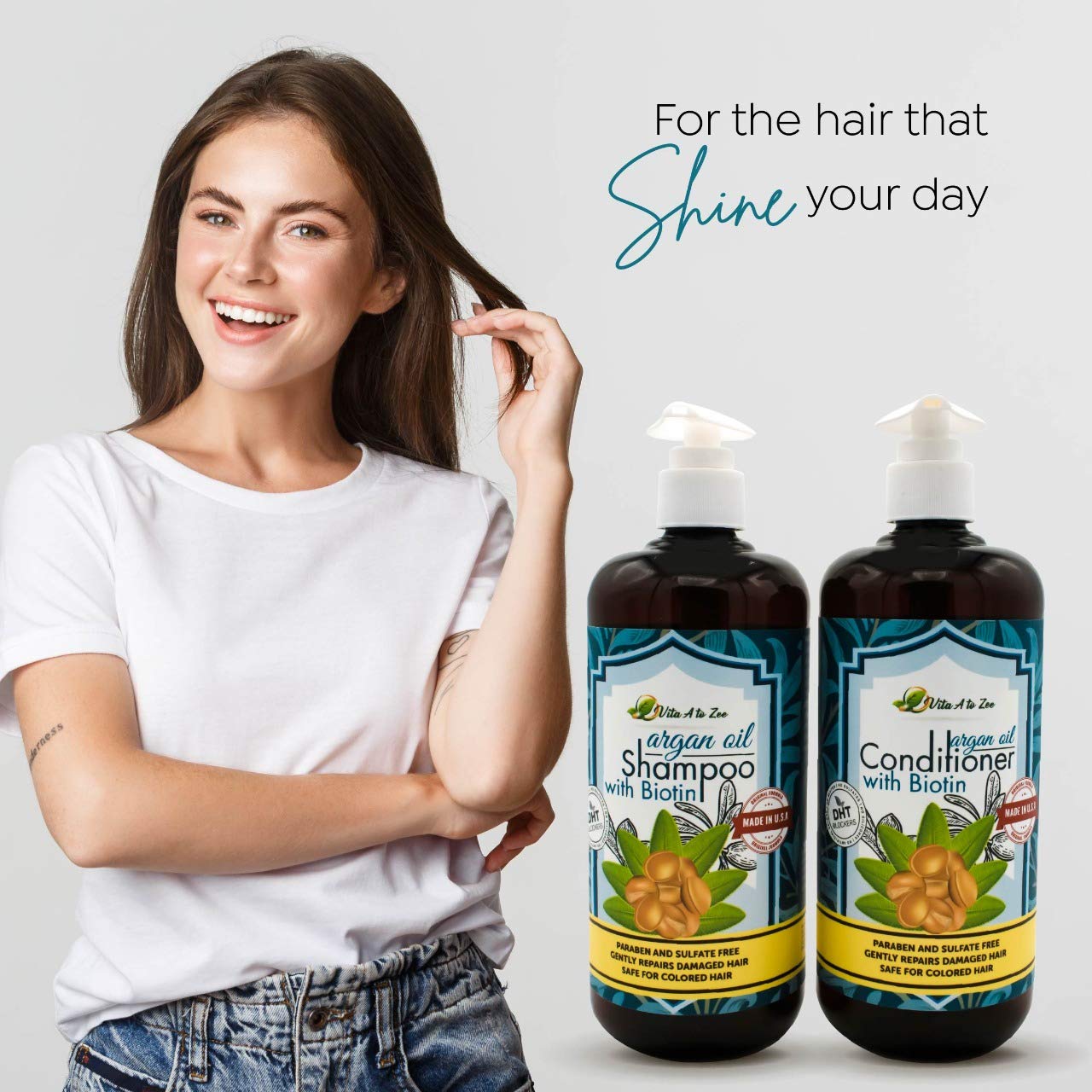 Vita A to Zee Moroccan Argan Oil Biotin Shampoo & Conditioner Set (2 x 16.9 Fl Oz) | Natural Hair Repair, Moisturization & Conditioning Treatment Beauty & Personal Care Vita A to Zee