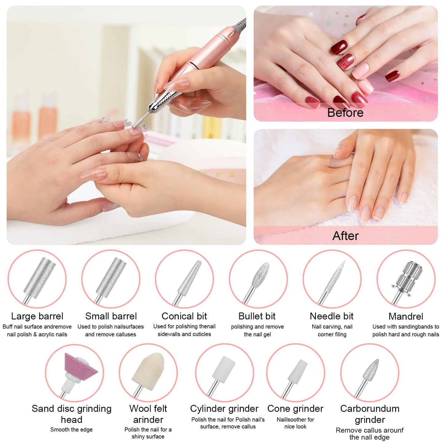 Rechargeable 35000 RPM Nail Drill, Portable Cordless Professional Electric Nail File Kit with 11 Nail Drill Bits for Acrylic, Gel Nails, Manicure Beauty & Personal Care IBDFHA