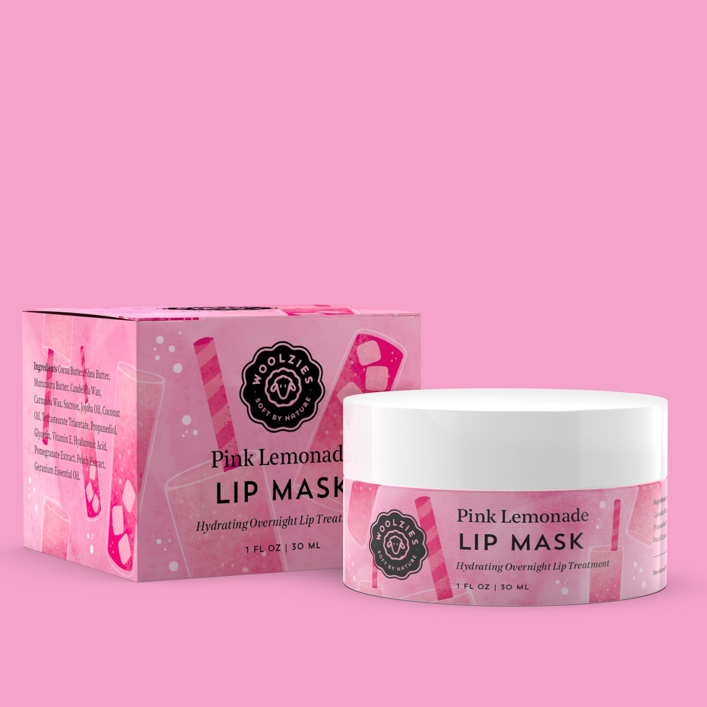 Hydrating Lip Mask with Hyaluronic Acid - Overnight Treatment for Soft, Smooth Lips - Shea Butter, Vitamin E & Natural Oils - 1 oz Jar (1 Ounce, Pink Beauty and Personal Care Woolzies