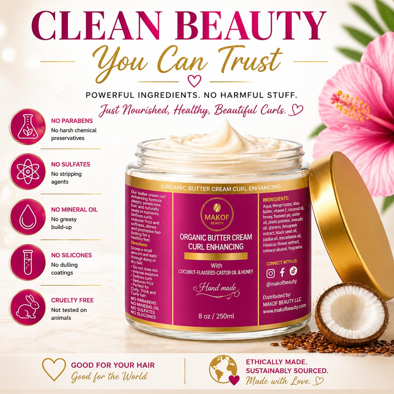 Organic Coconut Curl Enhancing Cream with Flaxseed, Black Castor Oil. Curls Detangler, Moisture-rich, Curl Revival Cream. Anti-Frizz, Defines All Curl Beauty & Personal Care MAKOF BEAUTY