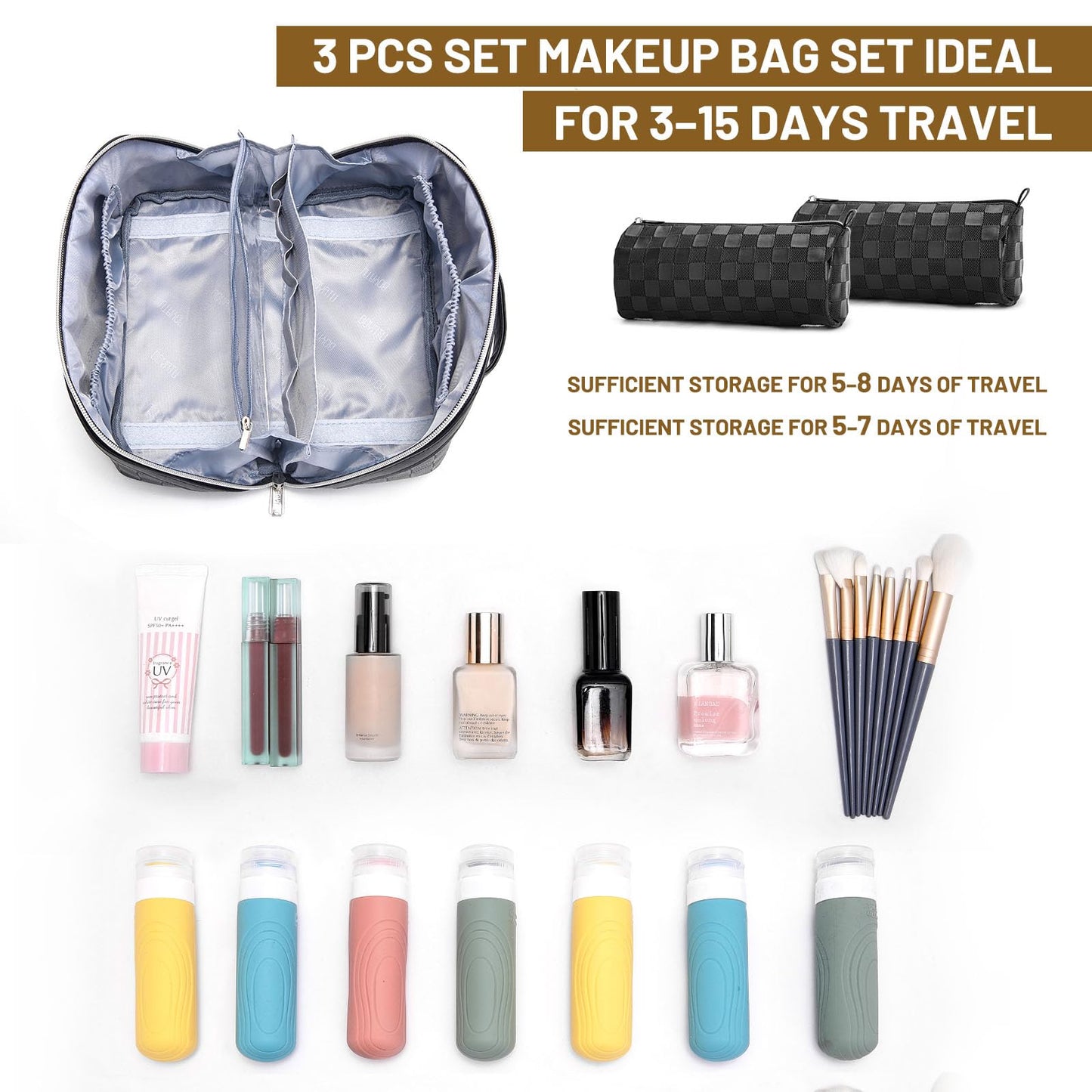 BOYATU Travel Makeup Bag Organizer Cosmetic Bag: 3 Pcs Set Make up Bags for Women with Handle - Waterproof Vegan Leather Toiletry Bags Travel Beauty and Personal Care BOYATU