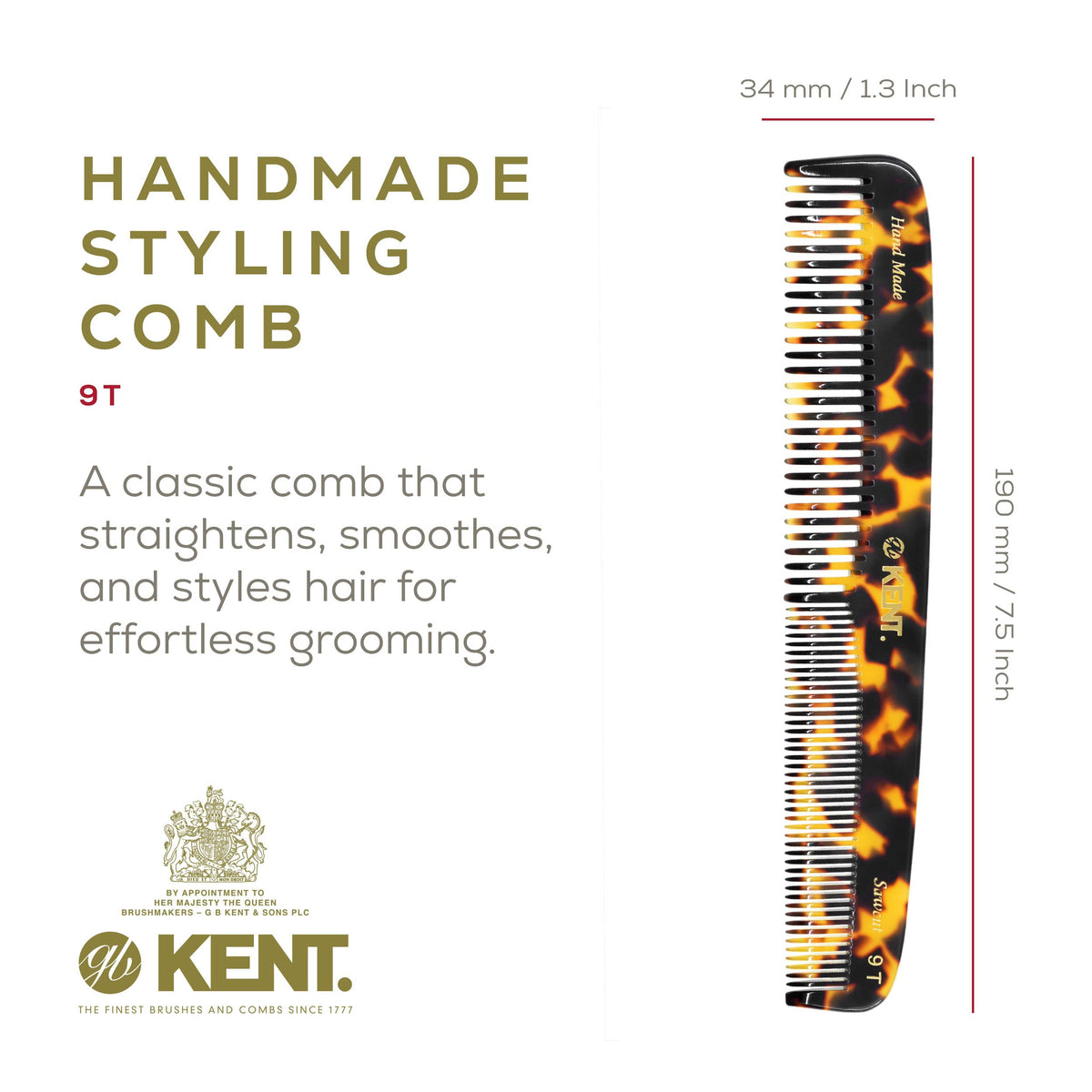 KENT 9T Fine Tooth & Wide Tooth Comb Detangler - Large Handmade Saw-Cut Dressing Comb - Wet/Dry Hair Comb for Women & Men, Made in England (Yellow