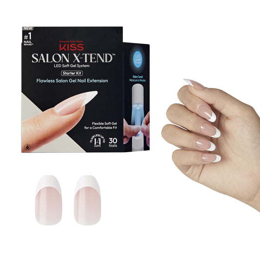 Kiss Salon X-tend, Press-On Nails, Nail glue included, Pure', Light White, Medium Size, Oval Shape, Includes 30 Nails, 5Ml Led Soft Gel Adhesive, 1