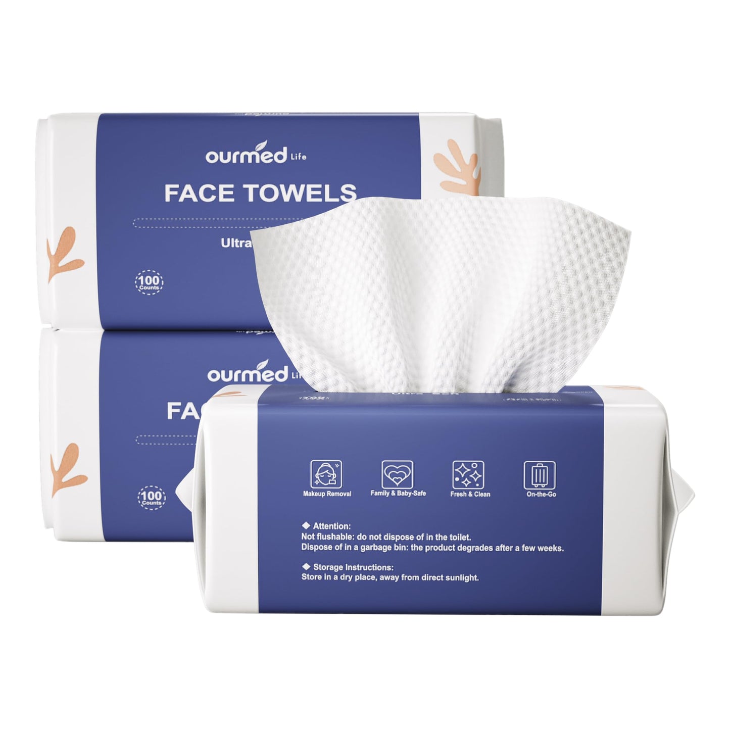 Ourmed Life Face Towels, Disposable Biodegradable Clean Facial Towels for Sensitive Skin, Lint- free Face Cloths for Makeup Remover, Skincare Beauty and Personal Care ourmed life