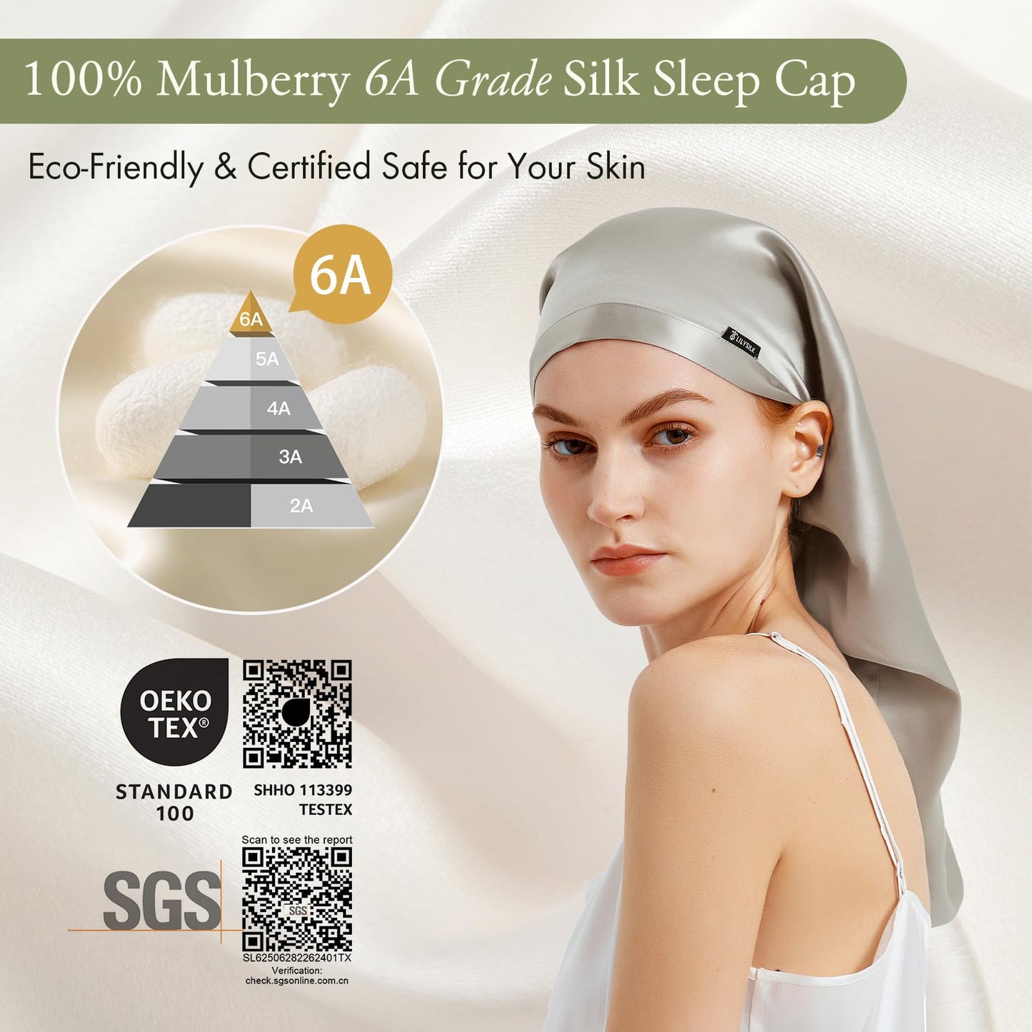 LILYSILK 100% Silk Bonnet Mulberry 19 Momme Silk Sleep Cap Long for Curly Hair Night Cap for Sleeping, Silk Hair Wrap for Women Silvergray Beauty and Personal Care LilySilk