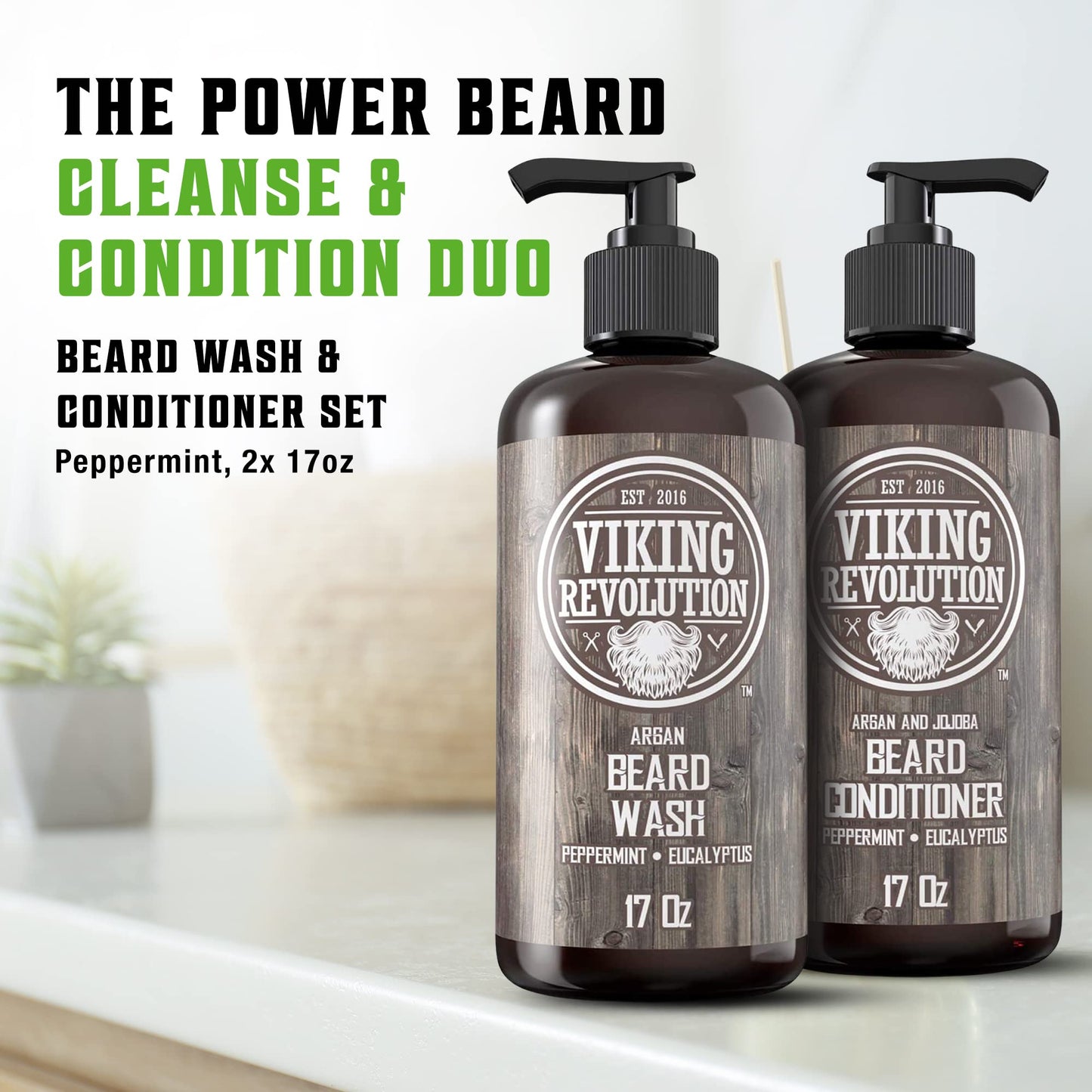 Viking Revolution Beard Wash & Conditioner Set w/Argan & Jojoba Oils - Softens, Smooths & Strengthens Beard Growth - Natural Peppermint and Eucalyptus Beauty & Personal Care Viking Revolution