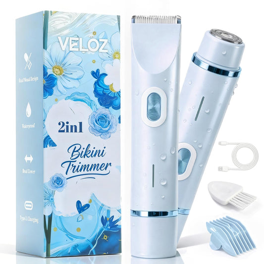 VELOZ 2-in-1 Bikini Trimmer for Women, Dual Head Electric Razor for Bikini Line, Face, Legs & Underarms, IPX7 Waterproof Cordless Shaver for Wet & Dry Beauty and Personal Care VELOZ