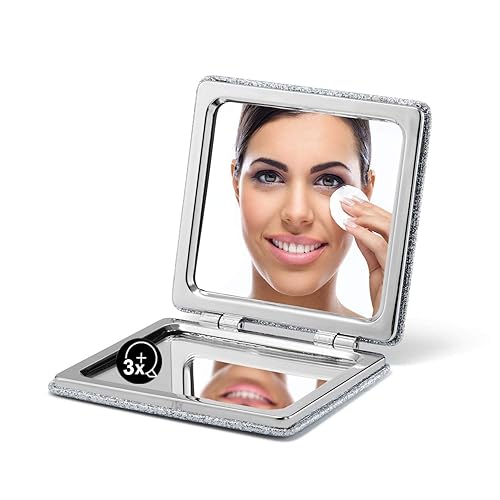 OMIRO Compact Mirror, Glitter PU 1X/3X Magnification, Ultra Portable for Purses (Silver) Beauty & Personal Care OMIRO