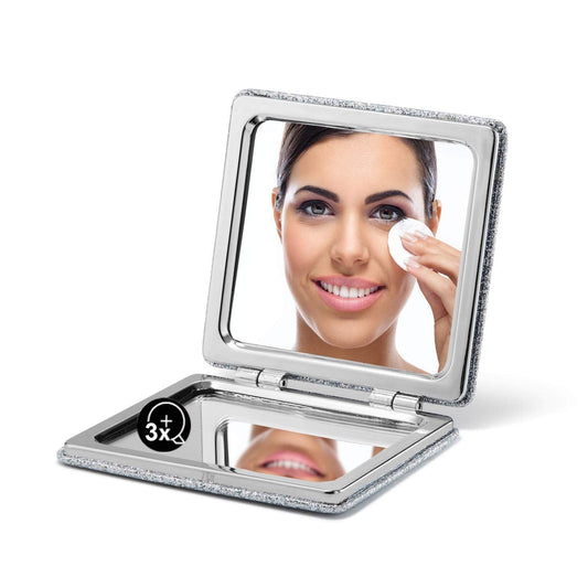 OMIRO Compact Mirror, Glitter PU 1X/3X Magnification, Ultra Portable for Purses (Silver) Beauty & Personal Care OMIRO