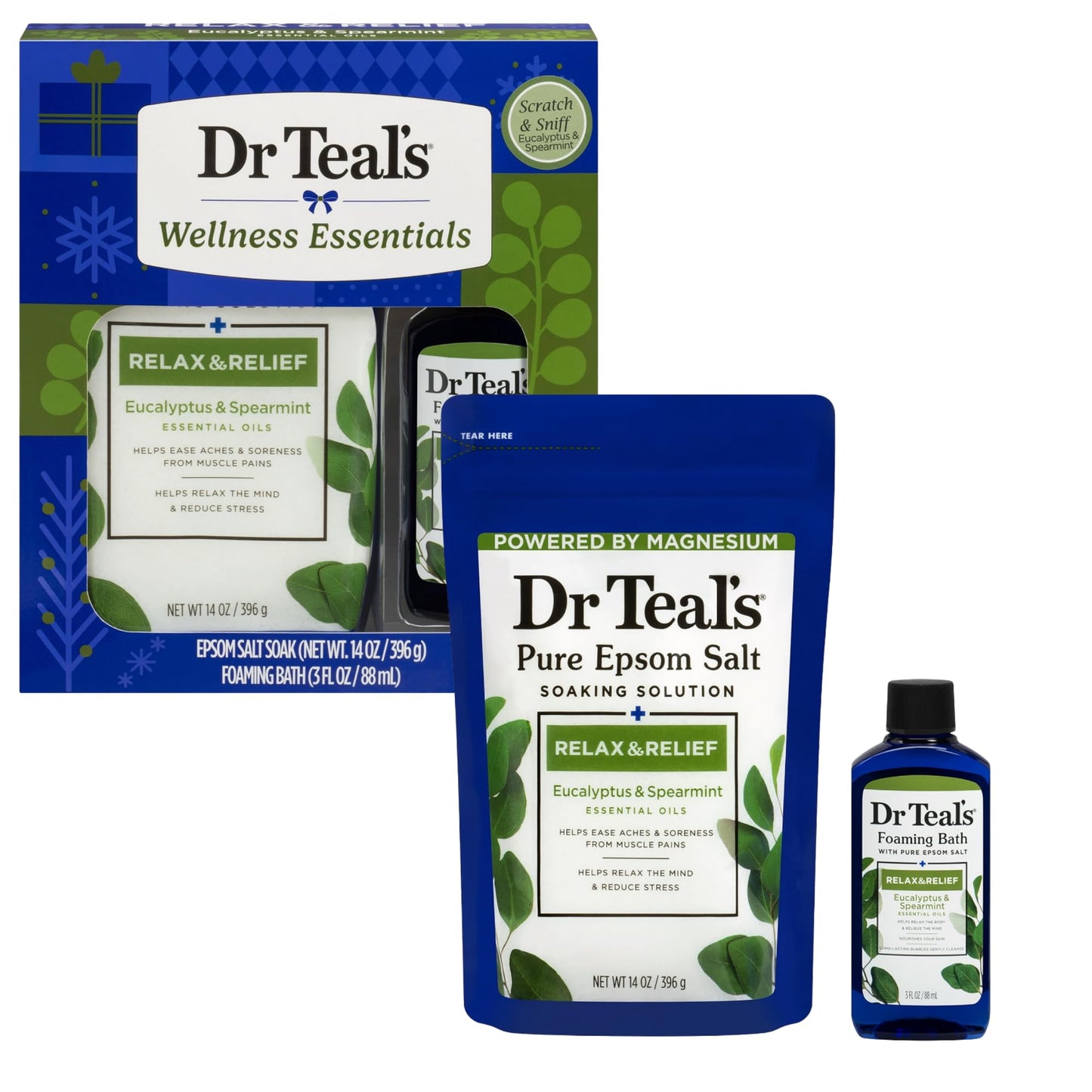 Dr Teal's Holiday Limited Edition Bath Gift Set - Epsom Salt Soak and Foaming Liquid, 14 oz Salt, 3 fl oz Bath (Eucalyptus) Beauty and Personal Care Dr Teal's