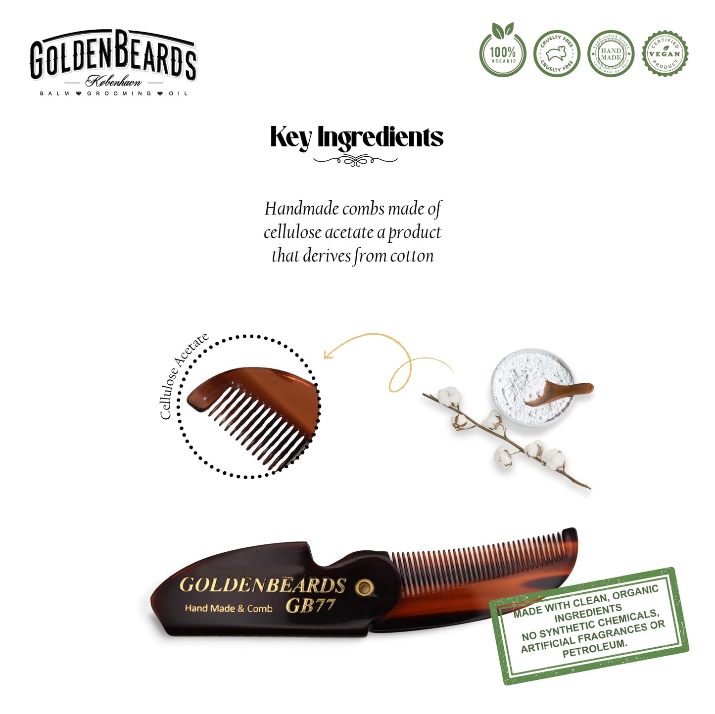 Golden Beards Mustache Wax with GB-77 Folding Comb - Organic & Natural Styling Wax for Men - Strong Hold, Vegan, Cruelty-Free Grooming Kit Beauty and Personal Care Golden Beards Kobenhavn BALM GROOMING OIL