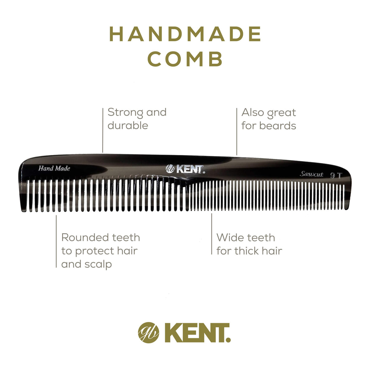 Kent 9T Black Graphite Fine Tooth and Wide Tooth Detangler Comb - Large Handmade Dressing Comb for Wet Hair and Durable Grooming, Hand Polished,