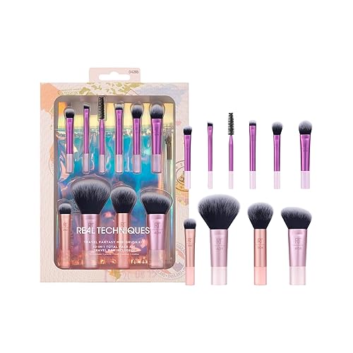 Real Techniques 11 Piece Travel Fantasy Mini Brush Set, Travel Size Makeup Brushes For Foundation Eyeshadow, Powder, Blush, Contour, & Concealer Beauty & Personal Care Real Techniques