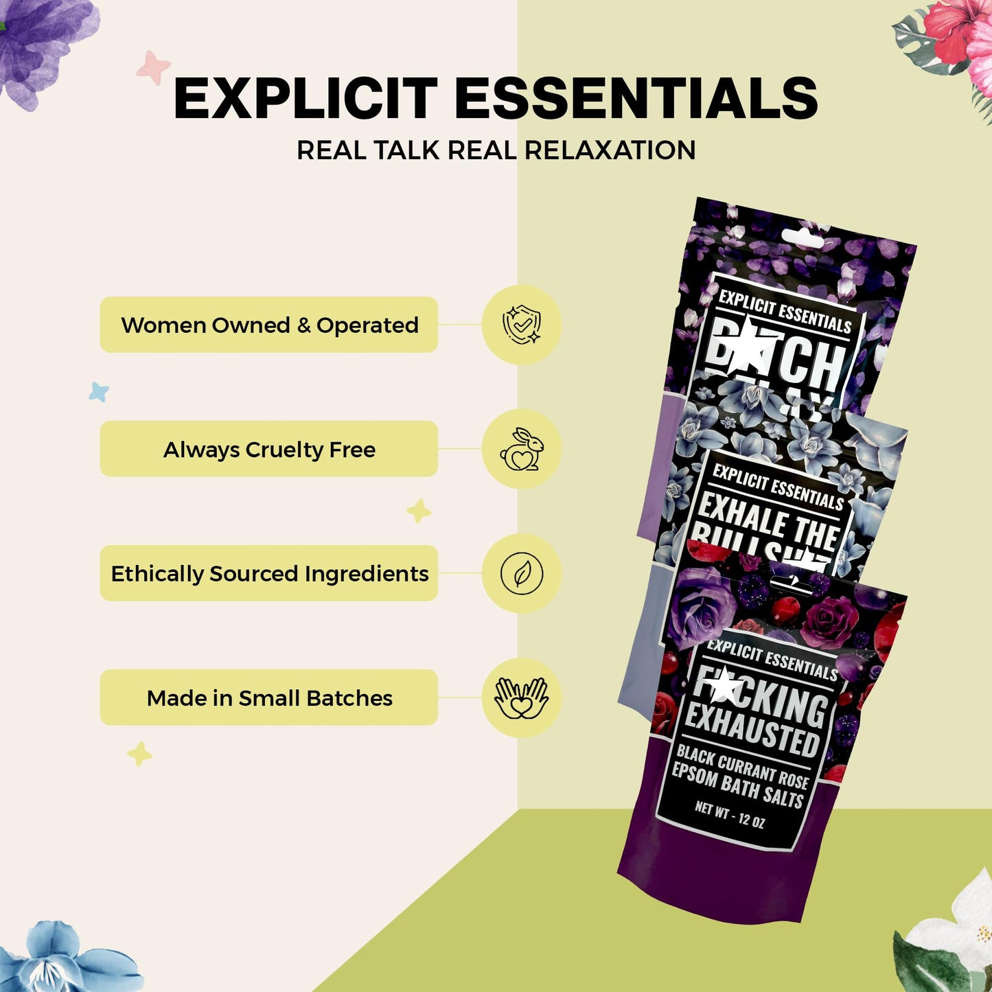 Explicit Essentials Bath Salts Gift Set - 3 Relaxing Epsom Salt Bath Soaks - Aromatherapy Epsom Salt Variety Pack for Stress Relief, Relaxation Beauty and Personal Care Explicit Essentials