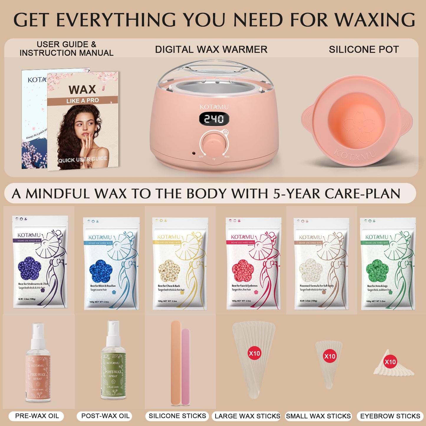KOTAMU Wax Warmer, Waxing Kit for Women Men Hair Removal, Digital Waxing Machine for Face Eyebrow Bikini Brazilian Leg Body &Sensitive Skin, Pink Wax Beauty and Personal Care KOTAMU