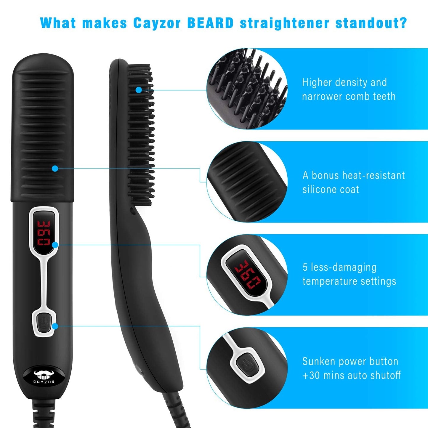 Cayzor Beard Straightener Comb for Men - Upgraded Professional Electric Mens Beard Straightening Heated Brush Portable Anti-Scald 5 Adjustable Beauty and Personal Care Cayzor