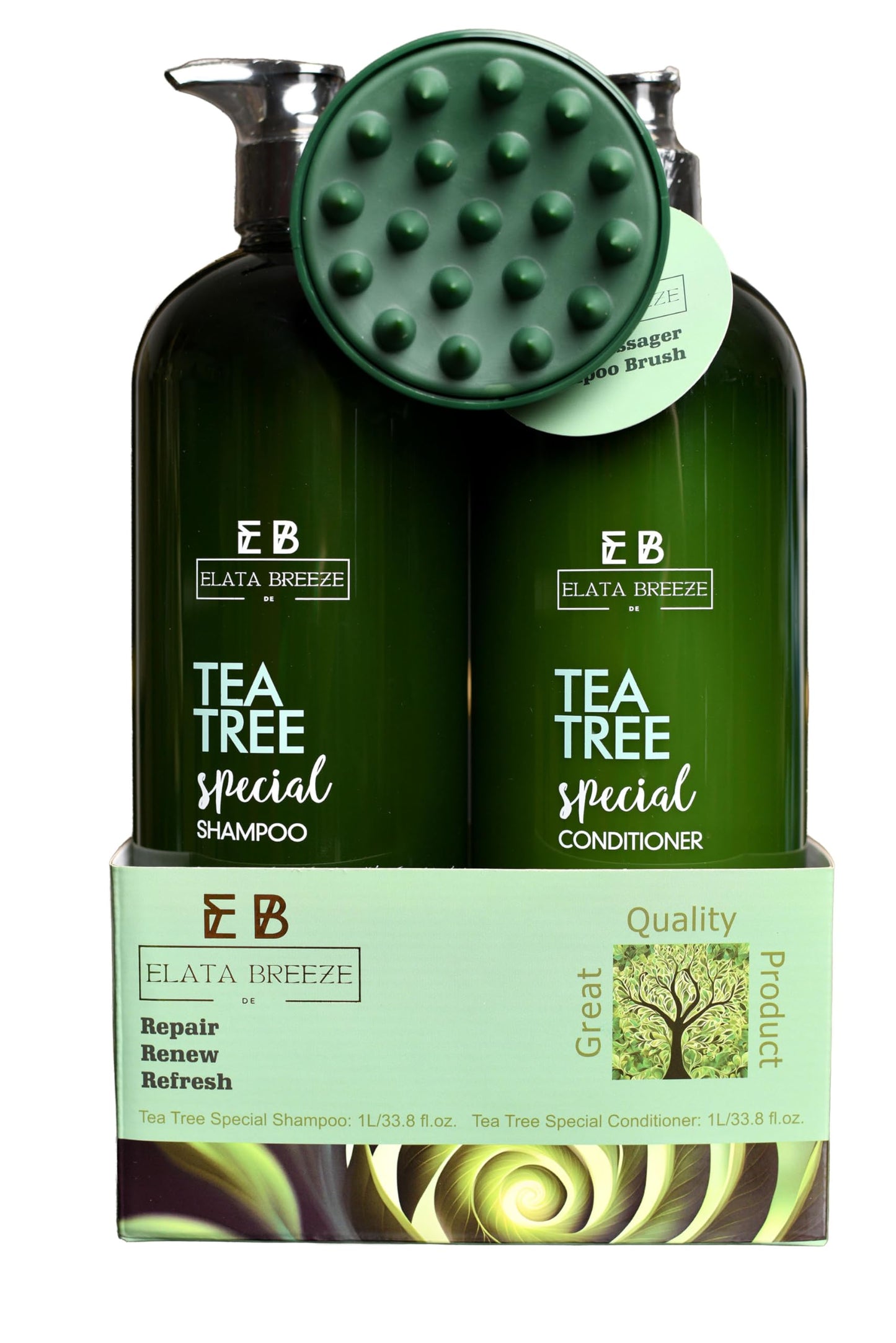 Peppermint Tea Tree Special Shampoo and Conditioner Set (33.8 0z)- Elata de Breeze with Scalp Massager Brush | Soothes Itchy Scalp, Deep Cleans Beauty & Personal Care Elata De Breeze