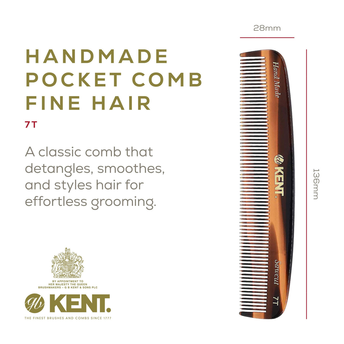 Kent 7T Handmade All Fine Tooth Pocket Comb for Men, Hair Comb Straightener for Everyday Grooming Styling Hair, Mustache and Beard, Use Dry or with