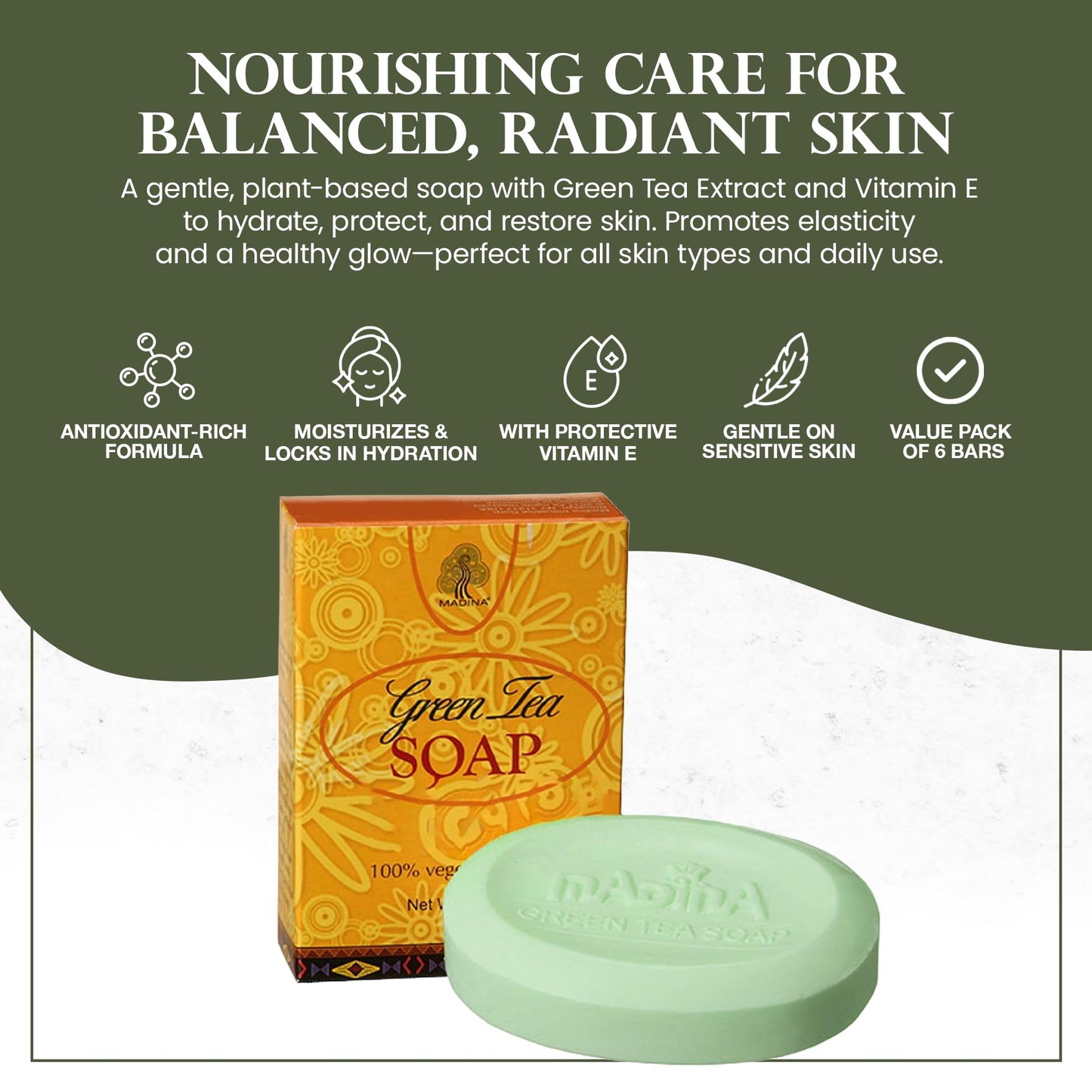 Madina Green Tea & Vitamin E Soap Bar - Antioxidant, Moisturizing, Hydrating, Skin Rejuvenating, Gentle Daily Cleanser, Vegetable-Based, For All Skin Beauty & Personal Care Madina