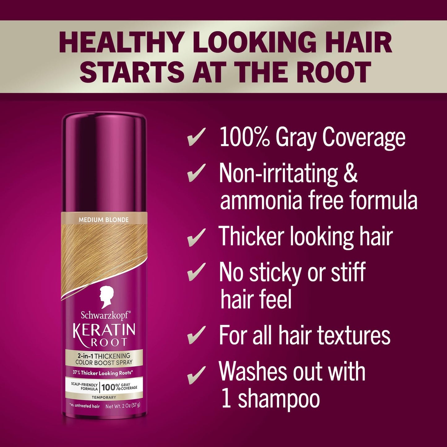 Schwarzkopf Keratin Color Root Temporary Hair Color Spray, Medium Blonde, Instant Gray Coverage, Thicker, Fuller-Looking Roots, Easy-to-Use, No Beauty & Personal Care Schwarzkopf