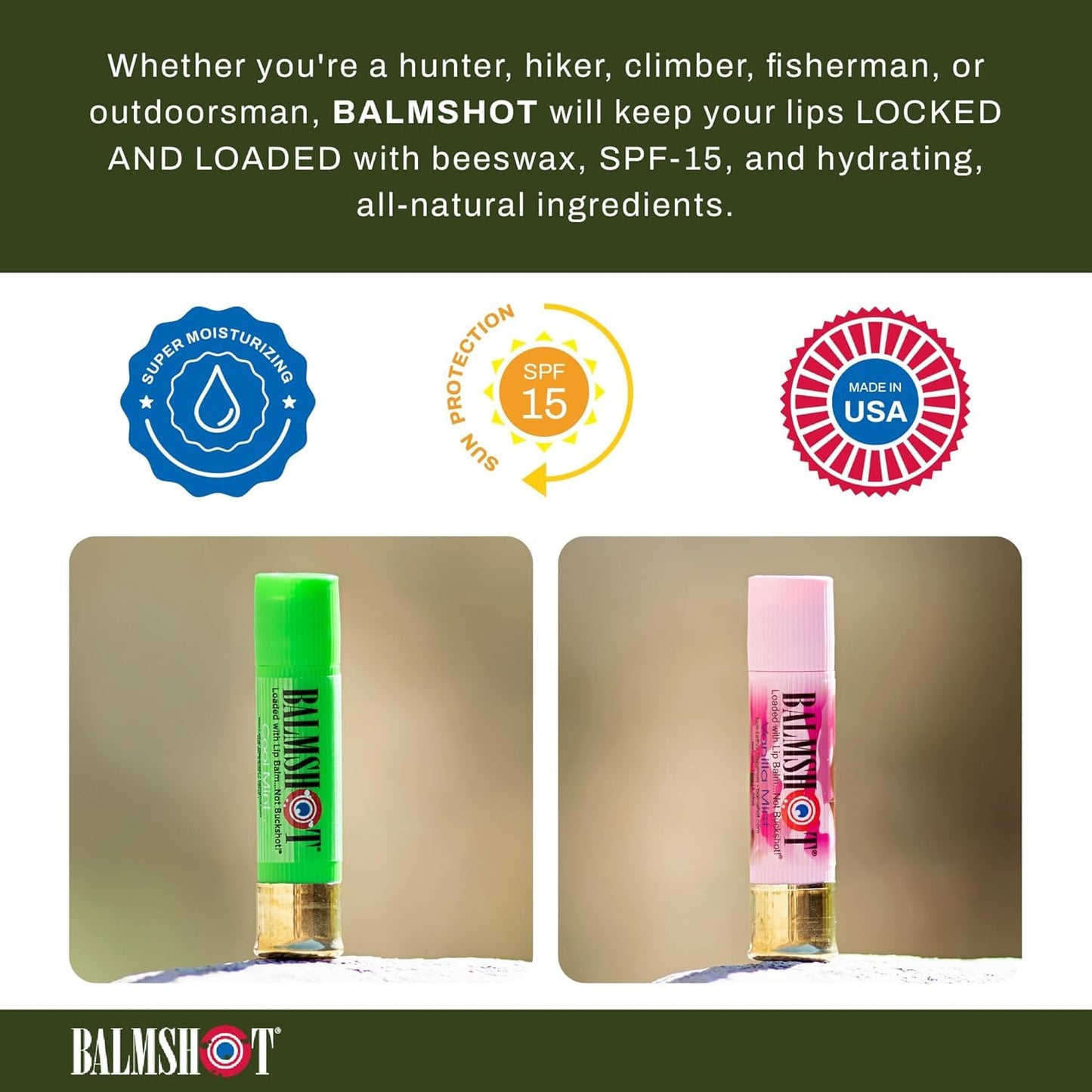 BALMSHOT Lip Balm 4-Pack - Minty Combo Variety Pack - (2) Cool Mint & (2) Vanilla Mint - SPF 15 Beeswax Chapstick Formula, 20-Gauge Brass Shotgun Beauty & Personal Care Balmshot