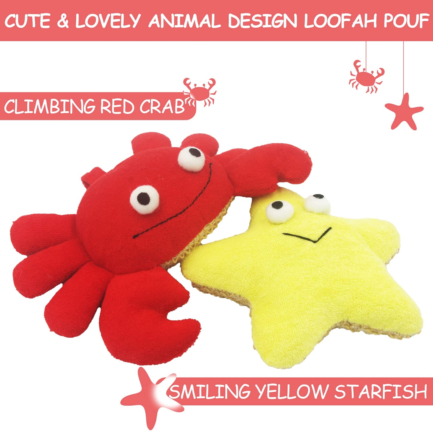 Bleu Bath (2 Pack) Animal Body Scrubber Natural Linen Shower Ball for Toddler Kids Gentle Exfoliating Bath Sponge Loofah Pouf in Yellow Starfish Red Beauty & Personal Care Bleu Bath