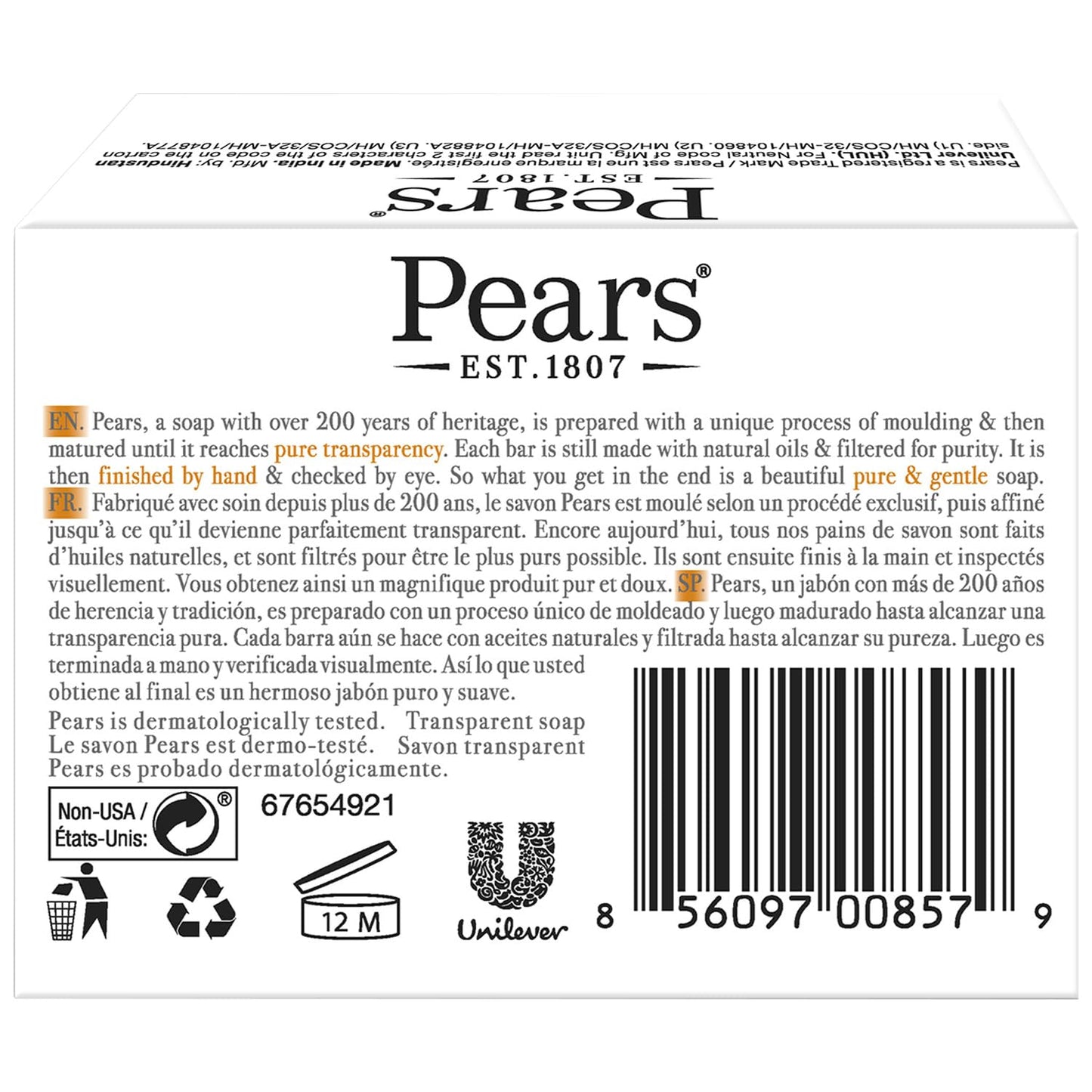 Pears Soap, Pure & Gentle with Natural Oils, 12-Pack - Transparent Amber Glycerin Soap for Pampered, Glowing Skin, 4.4 Oz Ea Beauty & Personal Care Pears