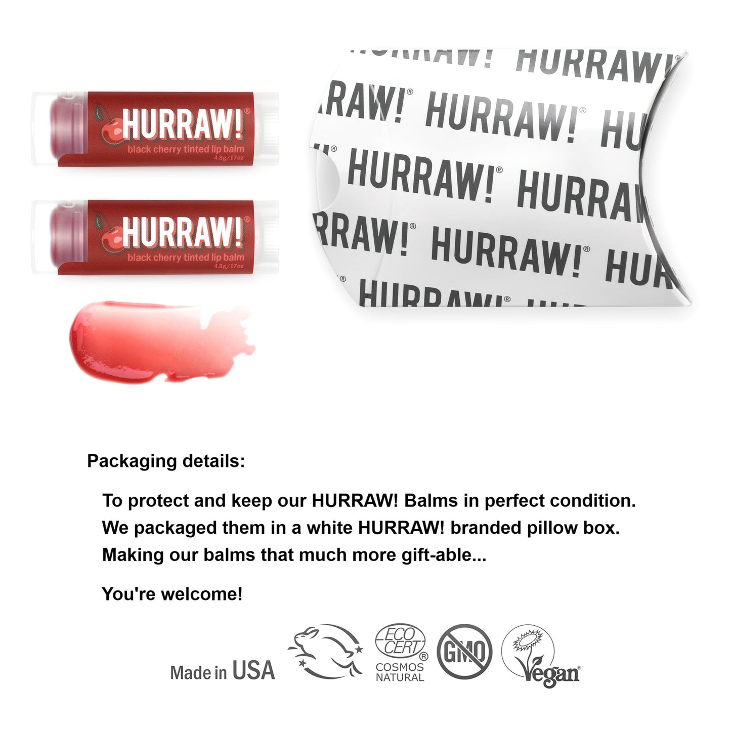 Hurraw! Black Cherry Tinted Lip Balm, 2 Pack: (Sheer Red Tint) Organic, Certified Vegan, Cruelty and Gluten Free. Non-GMO, 100% Natural Ingredients. Beauty & Personal Care HURRAW!