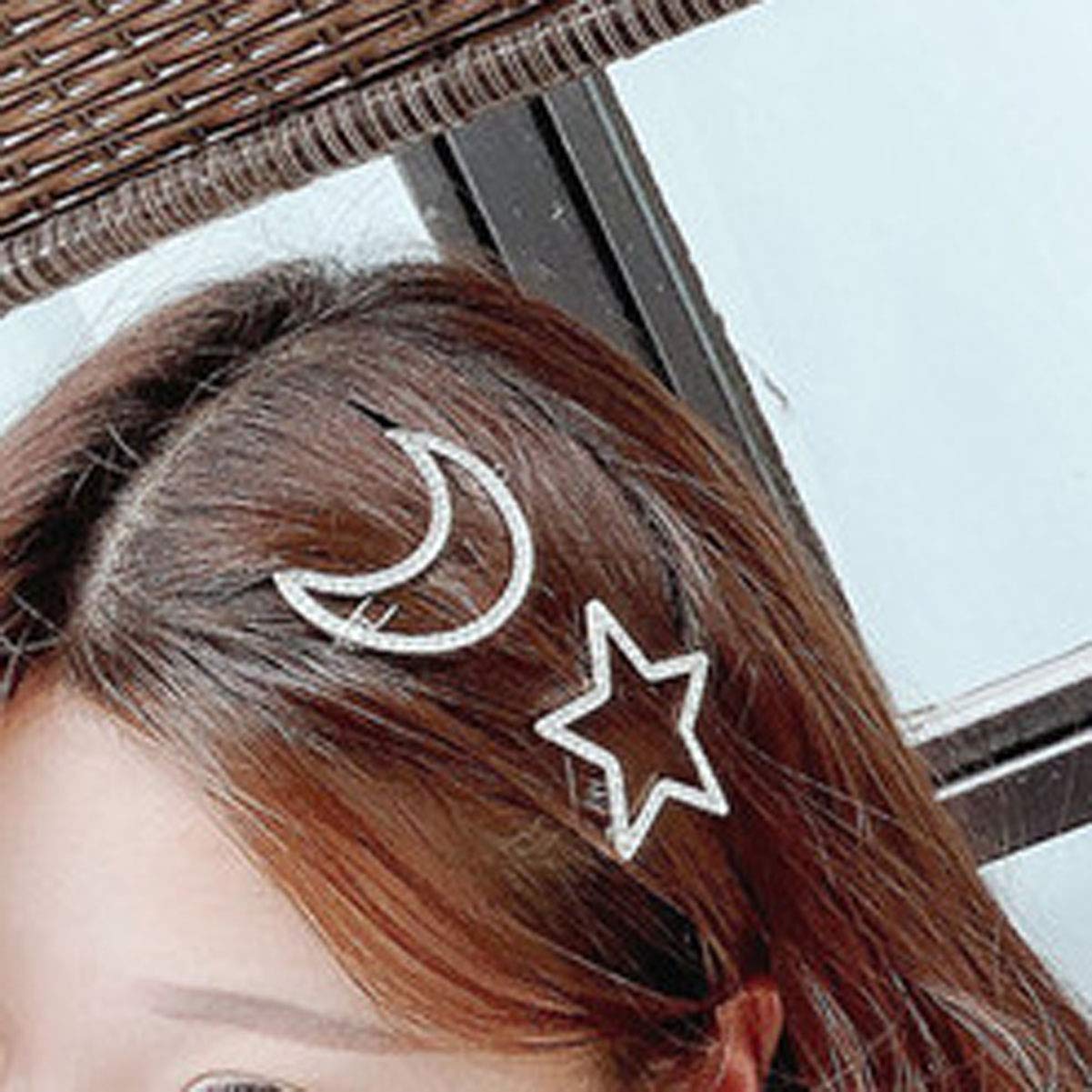 2 Pcs Silver Rhinestone Crystal Geometric Stars Moon Hair Clip Fashion Woman Hollow Side Clip Barrettes Hairpin Hair Accessories Beauty & Personal Care Teppylony