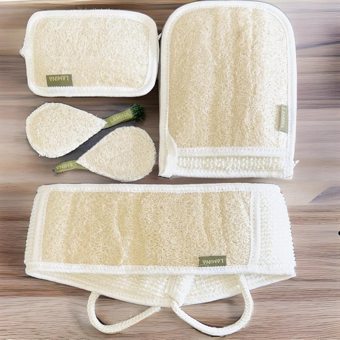 4 PCS - Lamina Natural-Organic, Loofah Sponge, Body Scrubber, Shower Beth Loofah (Back Long, Double Sided Mitt, Mini Mitt and Face loofah) Beauty and Personal Care Veteran Textile Towels
