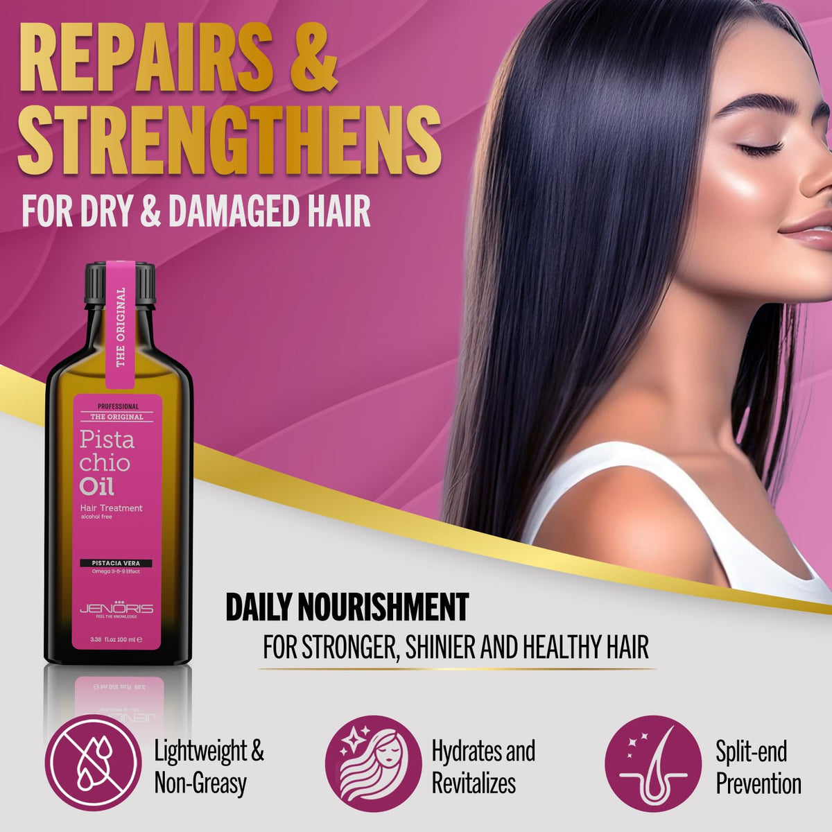 Jenoris Pistachio Oil Hair Serum for Frizzy and Damaged Hair, Lightweight Hair Oil for Dry Hair with Omega 3-6-9 Complex, Anti-Frizz Hair Serum for