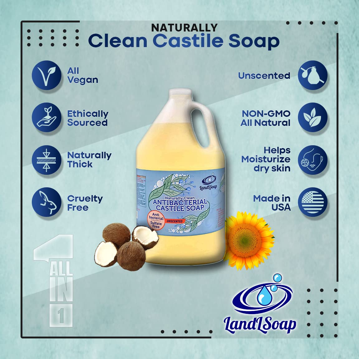LandLSoap Antibacterial Unscented Pure Castile Soap Liquid for Face, Hand & Body Wash, Vegan, Non-GMO, Made in USA, Dry & Sensitive Skin, 64 fl. oz. Beauty & Personal Care LandLSoap