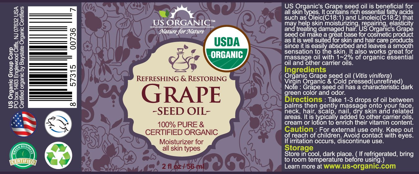 US Organic Grape Seed Oil, USDA Certified Organic, 100% Pure & Natural, Cold Pressed Virgin, Unrefined, in Amber Glass Bottle Beauty & Personal Care US Organic
