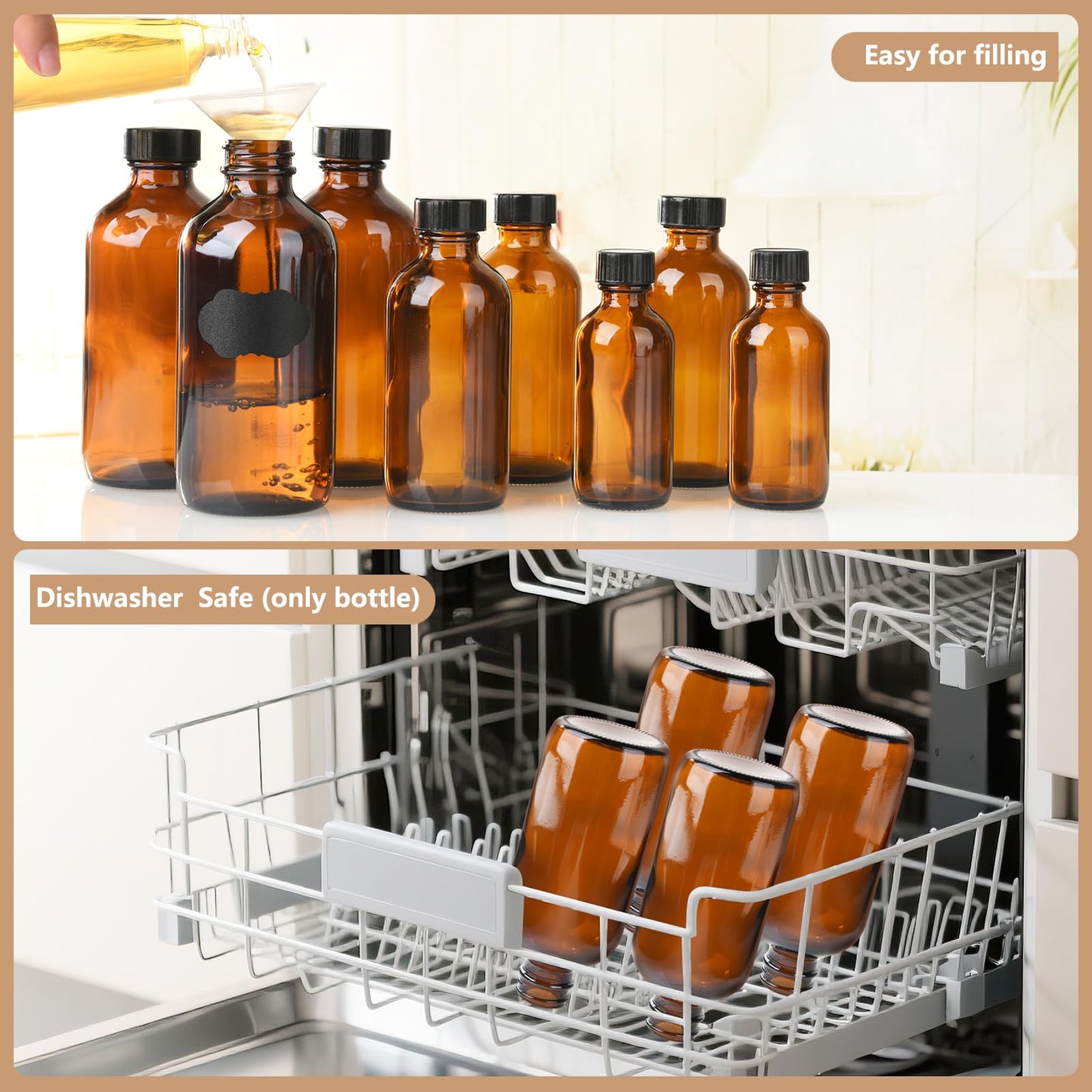 BPFY 12 Pack 8 oz Amber Glass Boston Bottle With Black Poly Cap, Funnel, Chalk Labels, Pen, Dispensing Bottles for Homemade Vanilla Extract, Essential Beauty & Personal Care BPFY