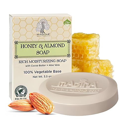 Madina Honey & Almond Soap Bar - Moisturizing, Nourishing, Sweet Almond Oil, Honey, Cocoa Butter, Aloe Vera, 100% Vegetable-Based, Halal Certified, 6 Beauty & Personal Care Madina