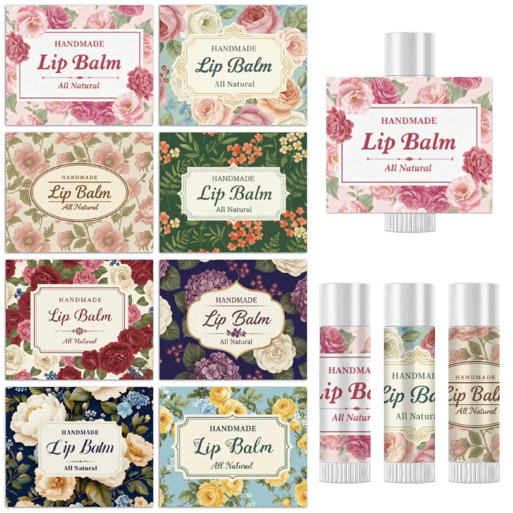Peacoblue 160Pcs Lip Balm Labels Sticker for Tubes 2.1"x1.7" Vintage Large Flowers, 8 Styles Waterproof Chapstick Labels Glossy for Homemade Lip Balm Beauty and Personal Care peacoblue