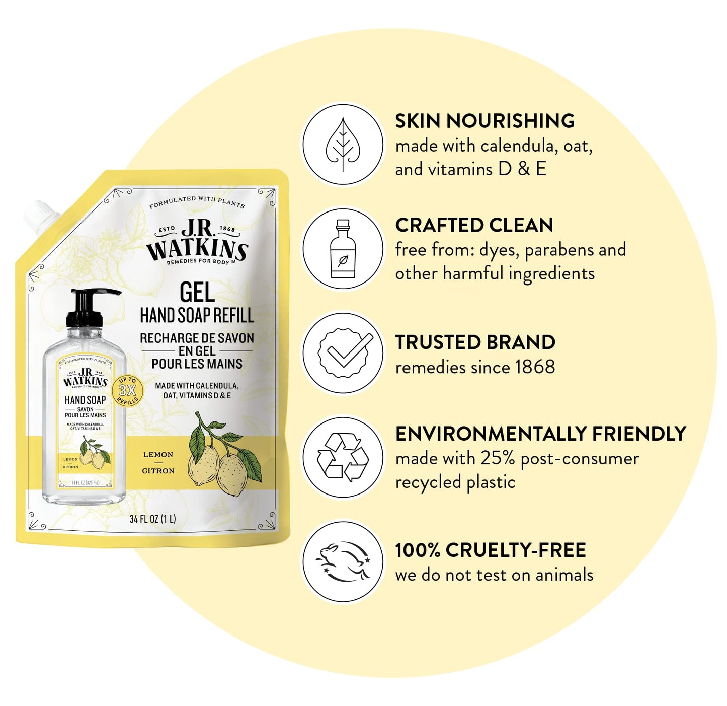 J.R. Watkins Gel Hand Soap Refill Pouch, Scented Liquid Hand Wash for Bathroom or Kitchen, USA Made and Cruelty Free, 34 fl oz, Lemon, 2 Pack Beauty & Personal Care J.R. Watkins