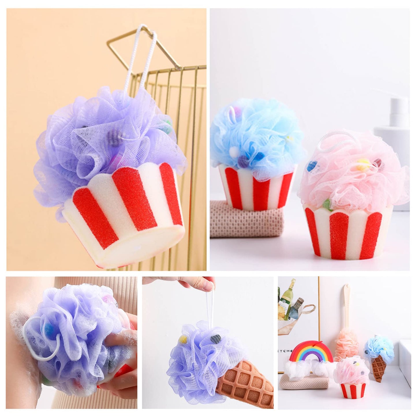 Bath Sponge Ice Cream Loofah Body Scrubber Shower Loofahs Bathroom Men Women Bathing Accessories Shower Sponge Beauty and Personal Care Shurhome