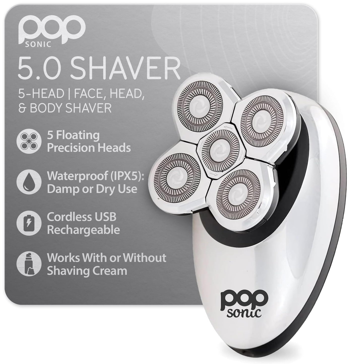 Pop Sonic 5-Head Electric Shaver - Face, Head & Body Shaver - Waterproof USB Rechargeable Trimmer - Floating Precision Heads - Razors for Women Beauty and Personal Care Pop Sonic