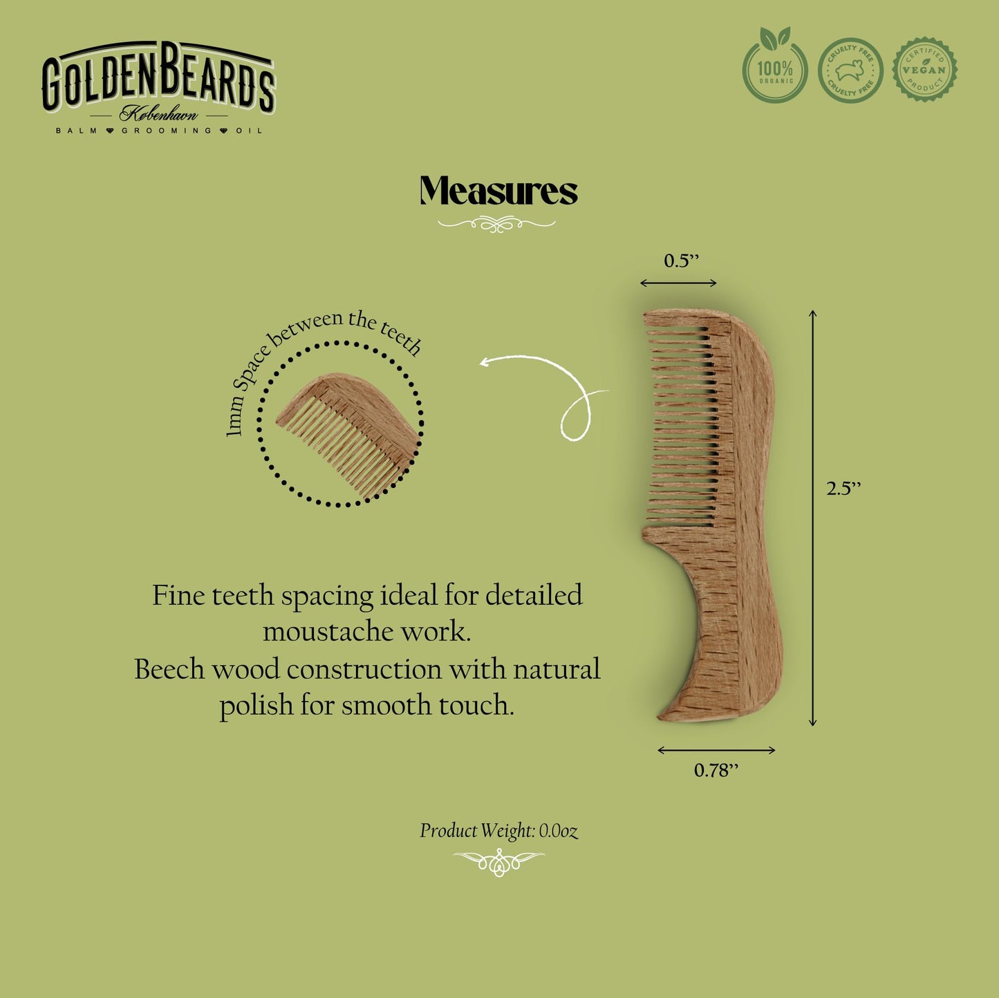 Golden Beards Eco Wood Moustache Comb 2.5 in - Fine Tooth Beechwood Comb for Shaping, Styling & Detangling Mustache - Eco-Friendly, Handmade Beauty and Personal Care Golden Beards Kobenhavn BALM GROOMING OIL
