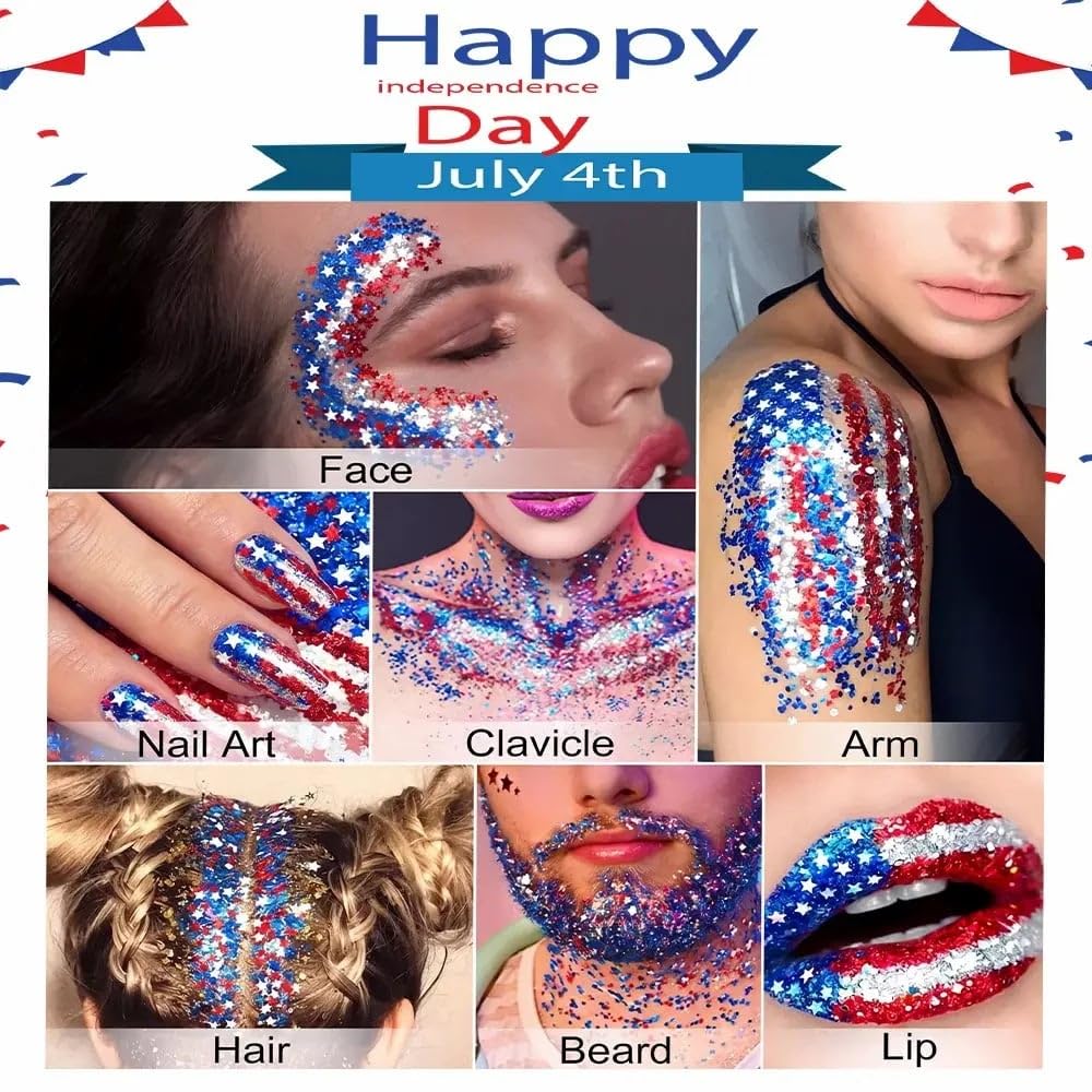 Red, White & Blue Body & Hair Sparkle, 4th of July Outfits and 250th Anniversary Accessories, Waterproof Sparkling Face Hair Glitter for Independence Beauty & Personal Care GIRLDREN
