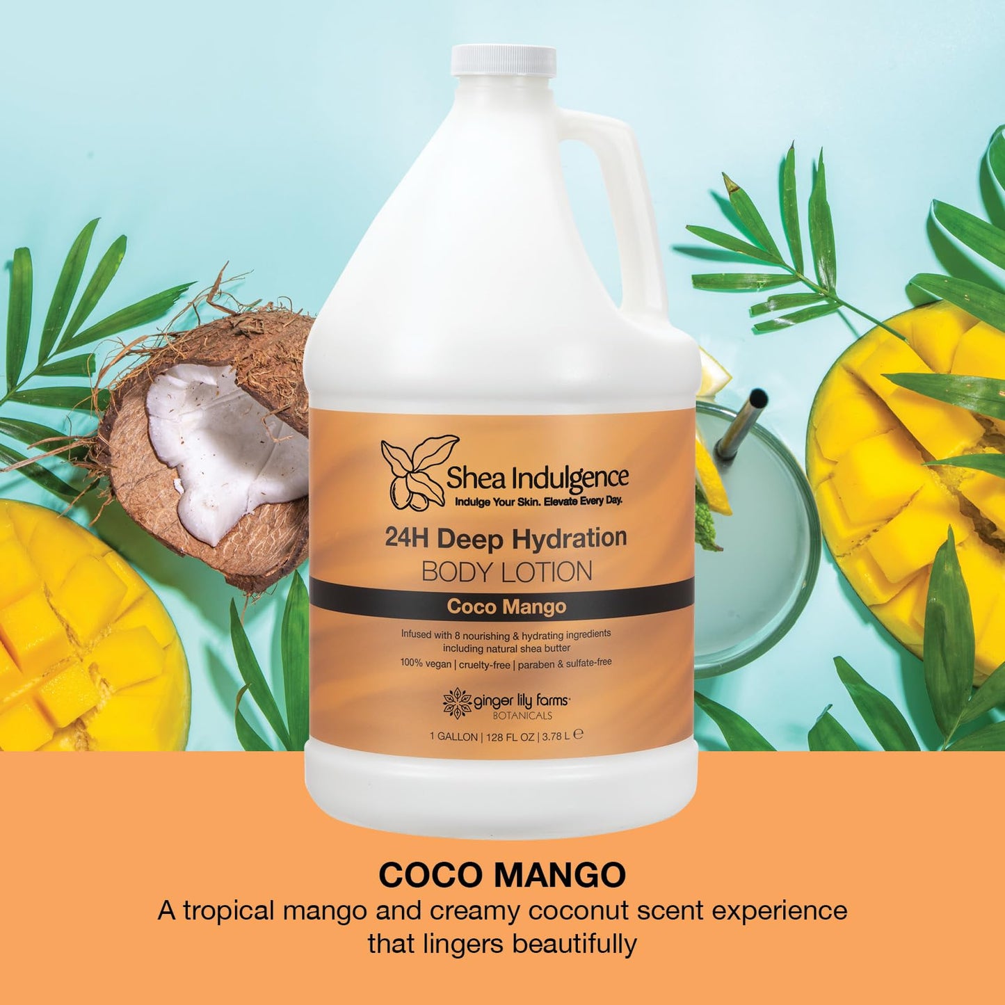 Ginger Lily Farms Botanicals Shea Indulgence 24H Deep Hydration Body Lotion, Coco Mango, 100% Vegan & Cruelty-Free, Coconut Mango Scent, 1 Gallon (128 Beauty & Personal Care Ginger Lily Farms